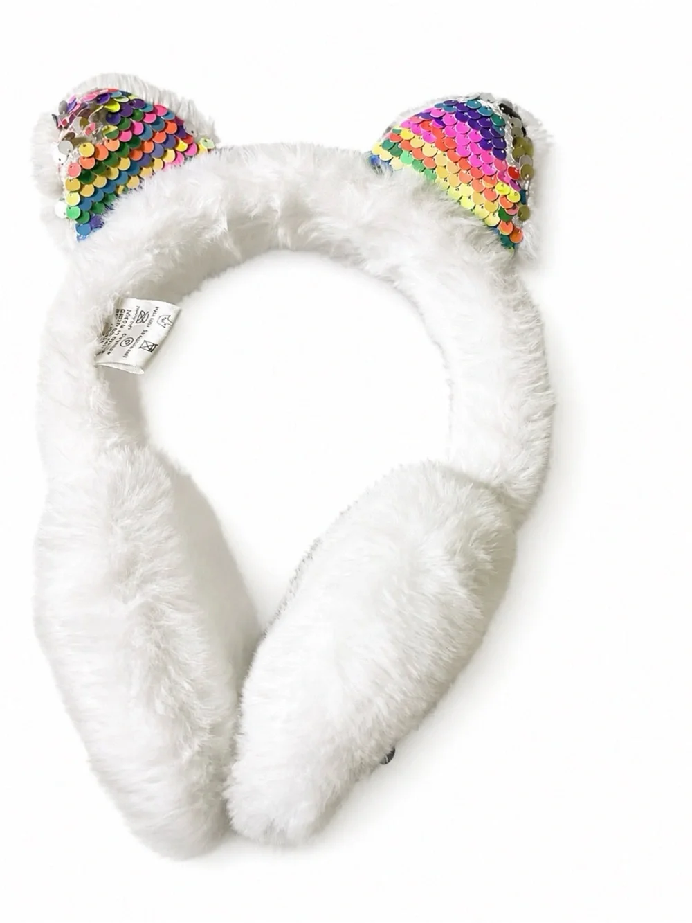 Sequin Rainbow Cat Ear Earmuffs - White